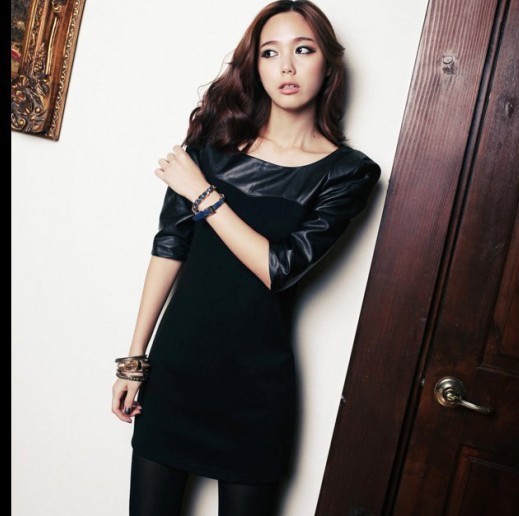 Fashion personality slim leather patchwork knitted long-sleeve basic one-piece dress short skirt female