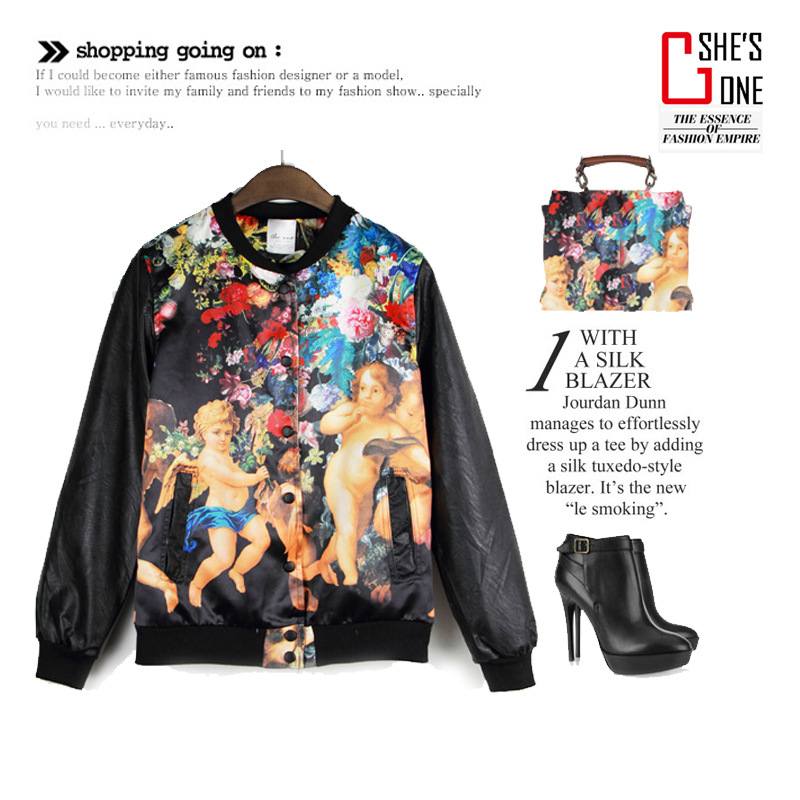 Fashion personality vintage flower print HARAJUKU patchwork baseball uniform outerwear jacket leather clothing