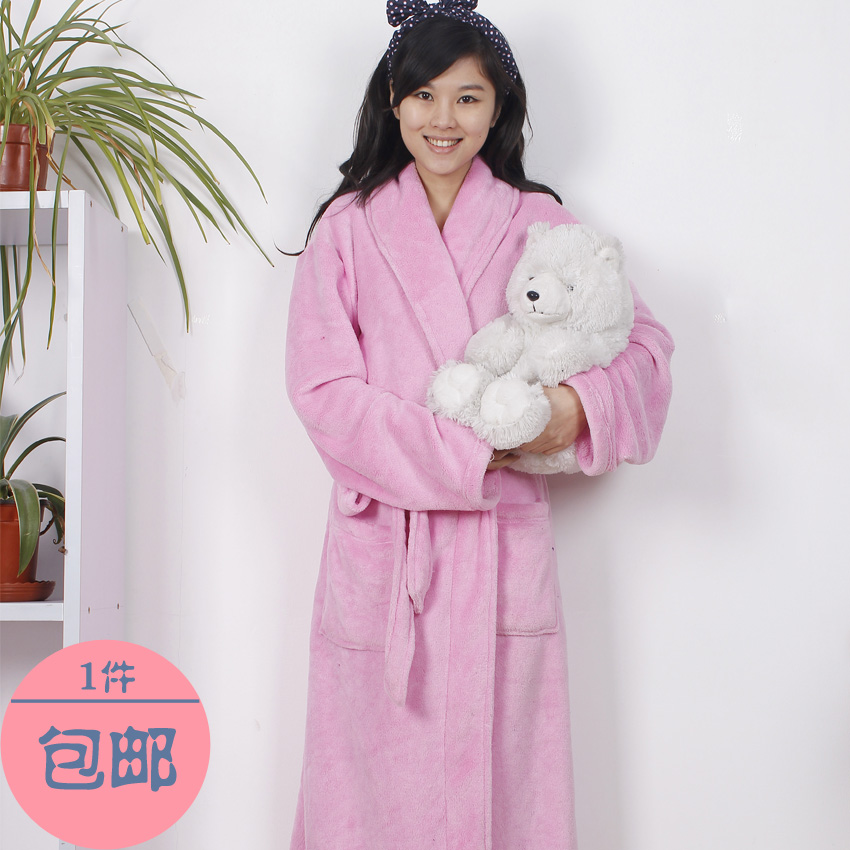 Fashion pink coral fleece plush long design female lounge robe sleepwear