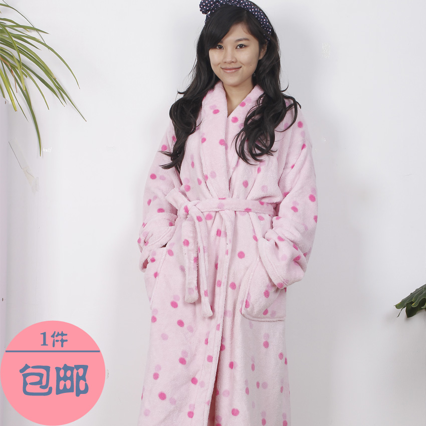 Fashion pink polka dot coral fleece ultra long paragraph female lounge robe sleepwear