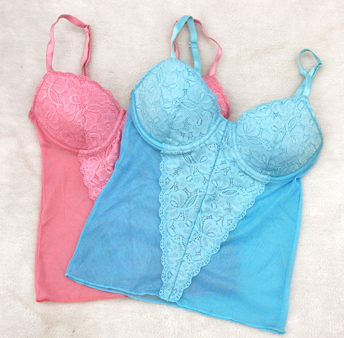 Fashion pink Sky Blue transparent gauze tight lace vest bra type vest smlxl