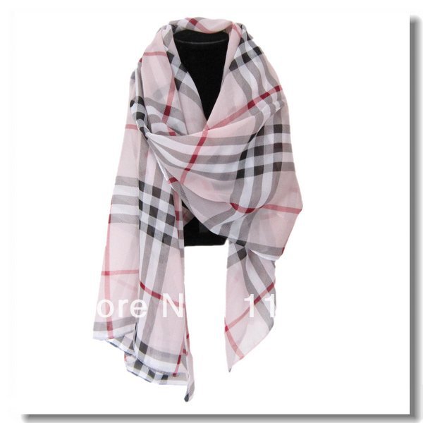 Fashion Pink Women's Check Plaid Pattern Chiffon Scarf Shawl Wrap 170cm*70cm, Free Shipping