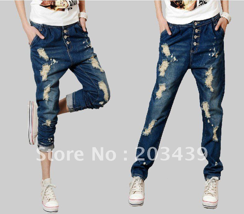 Fashion platoon to buckle haroun pencil pants hole paint some leisure cowboy trousers