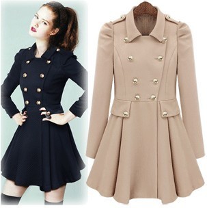 Fashion pleated puff sleeve slim waist skirt double breasted cool trench outerwear blue beige Free Shipping