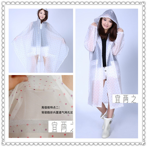 Fashion polka dot breathable eva transparent net adult raincoat poncho