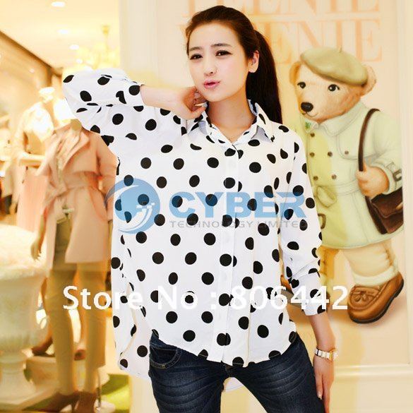 Fashion Polka Dots Sexy Womens Chiffon Long Sleeve Shirt Blouse Free Shipping