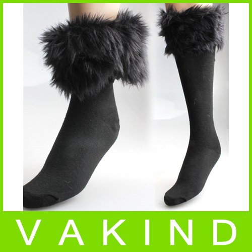 Fashion Portable Elastic Black Cotton Socks With Sexy Faux Fur Cover Fit Boots