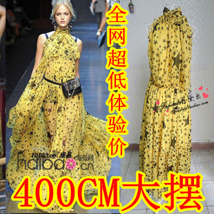 Fashion print chiffon silk one-piece dress mopping the floor full dress