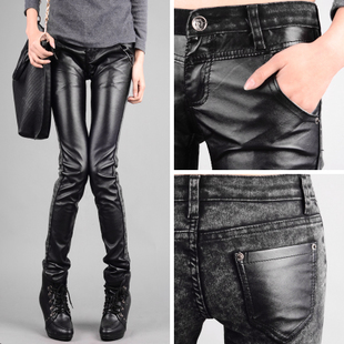 Fashion PU skinny  boot cut jeans leather  patchwork leather  tight  jeans female trousers free shipping