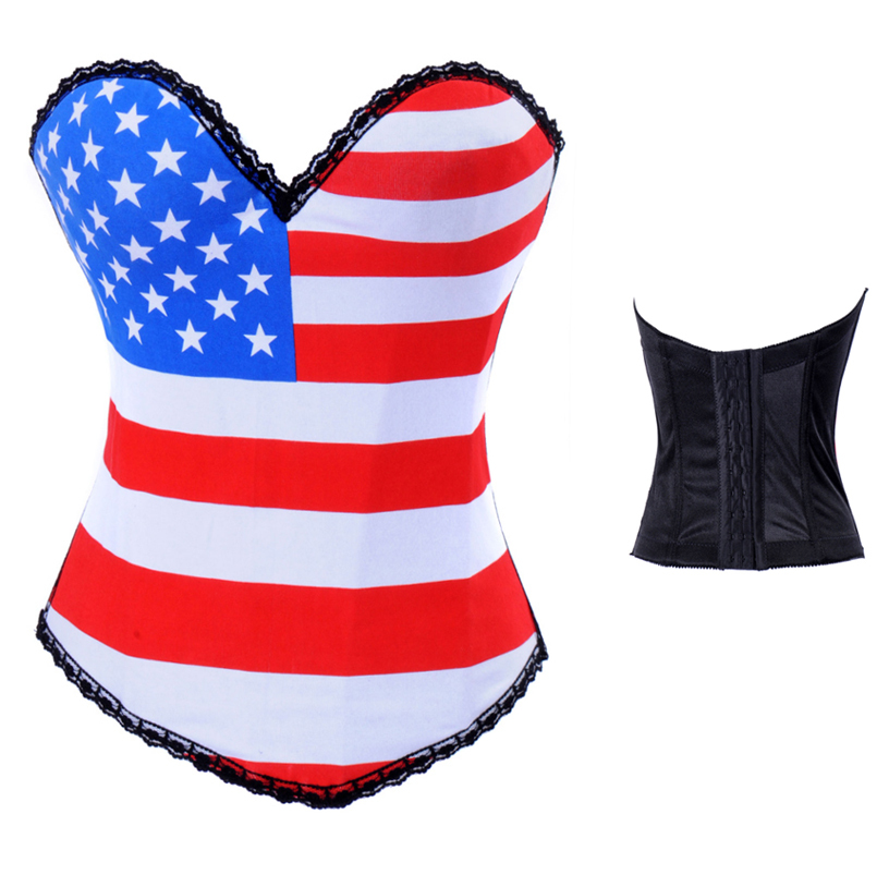 Fashion punk 100% cotton royal corset back hanging buckle american flag print costume