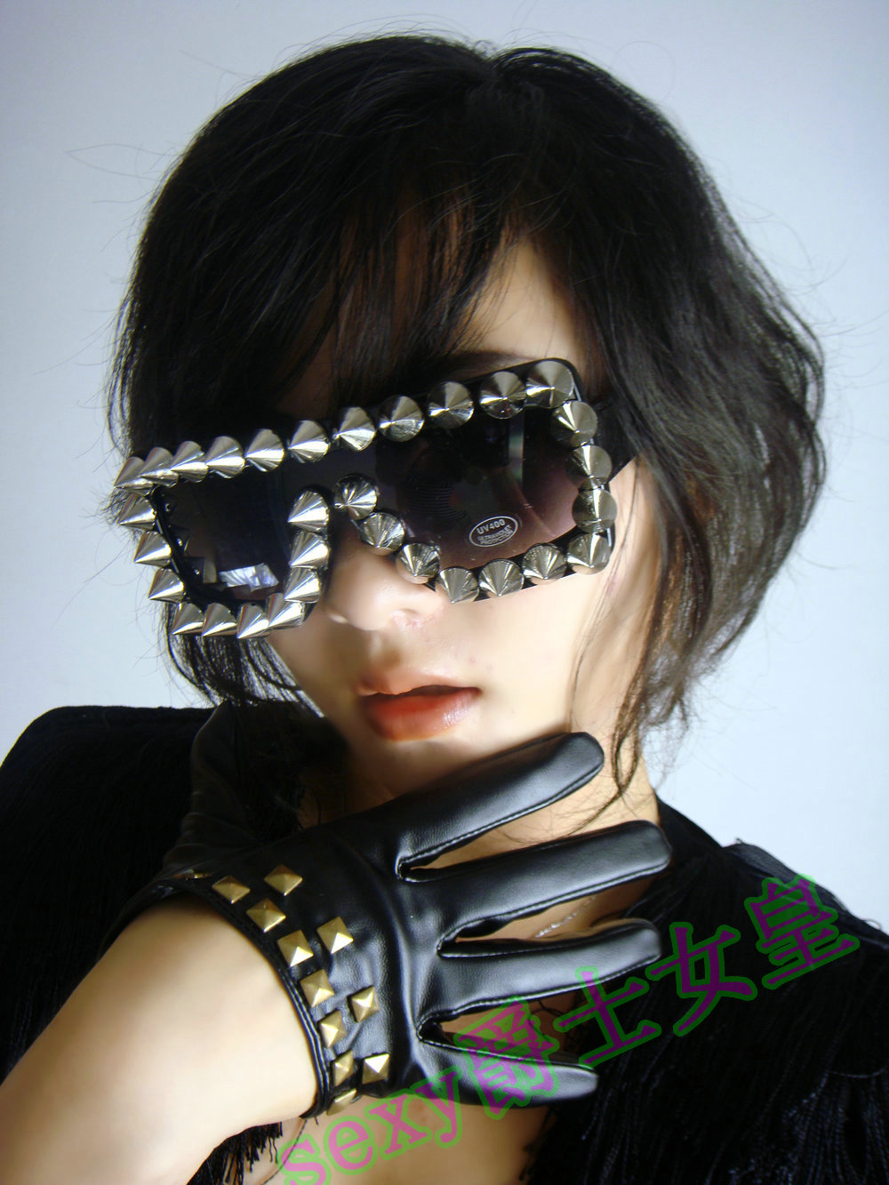 Fashion punk rivets ultra-short women's leather gloves ds costume all-match free shipping