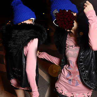 Fashion punk rock metal rivet raccoon fur patchwork leather vest free shipping