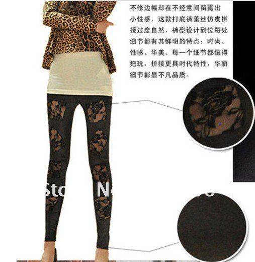 Fashion Punk Style Women leggings Lace Black Pu leather Regular Broken Hole  free shpping