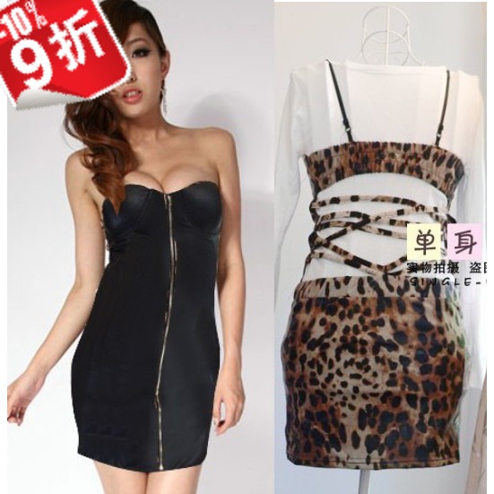 Fashion queen leopard print tube top dress zipper temptation sexy curve racerback faux leather one-piece dress