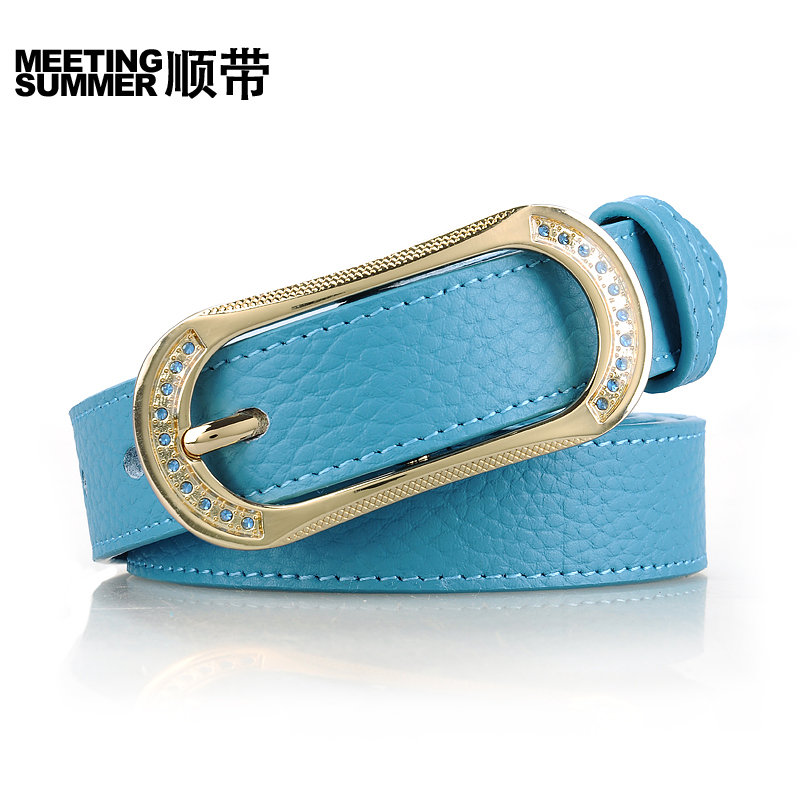 Fashion real leather belt women's genuine leather strap belt all-match blue rhinestone