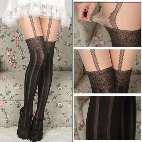 Fashion Retro Cosplay Black&Nude Sexy Streak Mixed Colors Over the Knee Tights Thigh High Pantyhose Stockings