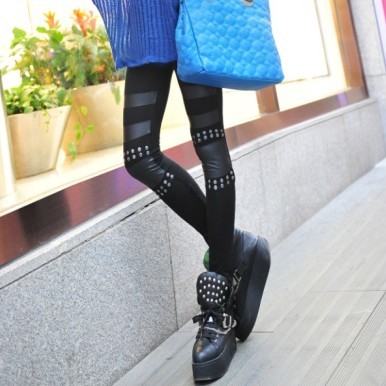 Fashion rivet matte faux leather patchwork modal cotton legging knee patch