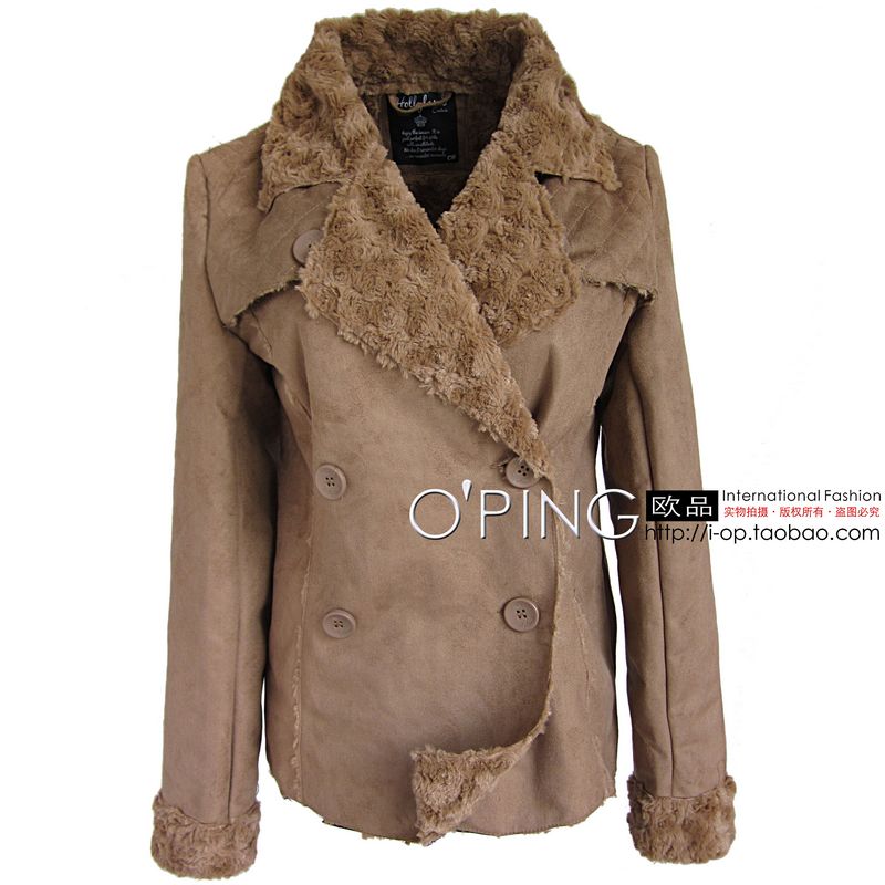 Fashion roll fur one piece suede fabric double breasted outerwear overcoat plus size available