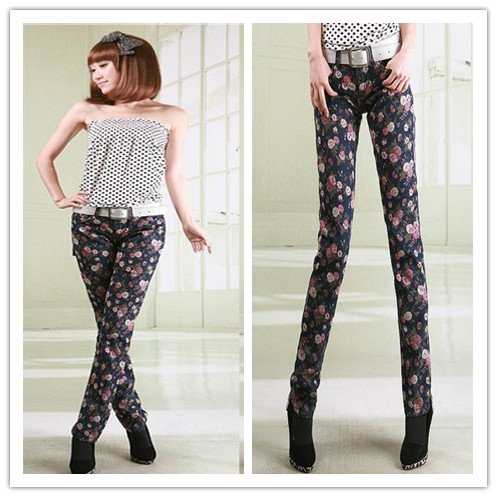 Fashion Rose flower Print Vintage Style Jean Pencil Slim Denim Low Waist Women Jeans