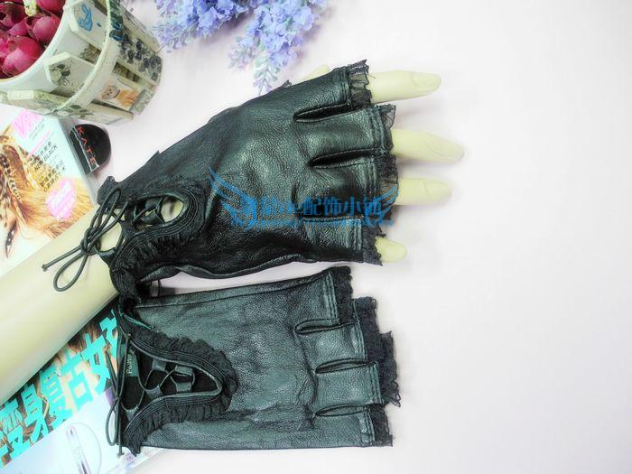 Fashion semi-finger women's genuine leather gloves sheepskin gloves lace mitring fashion style