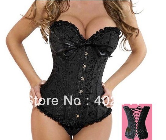 Fashion Sexy Corset Women Bone Black Lace Bustier Corset+G string Set Lingerie free shipping