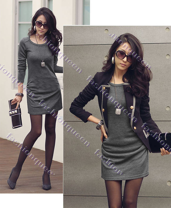 Fashion Sexy korean women's Slim Fit T-shirts round collar mini dress long sleeve 10205