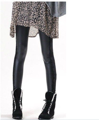 Fashion Sexy Lady's Leggings Panty Hose Leather Tight Trousers with Lace Free Shipping