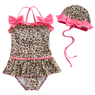 Fashion sexy leopard print child swimwear girls one-piece swimsuit child swimsuit one-piece swimming cap