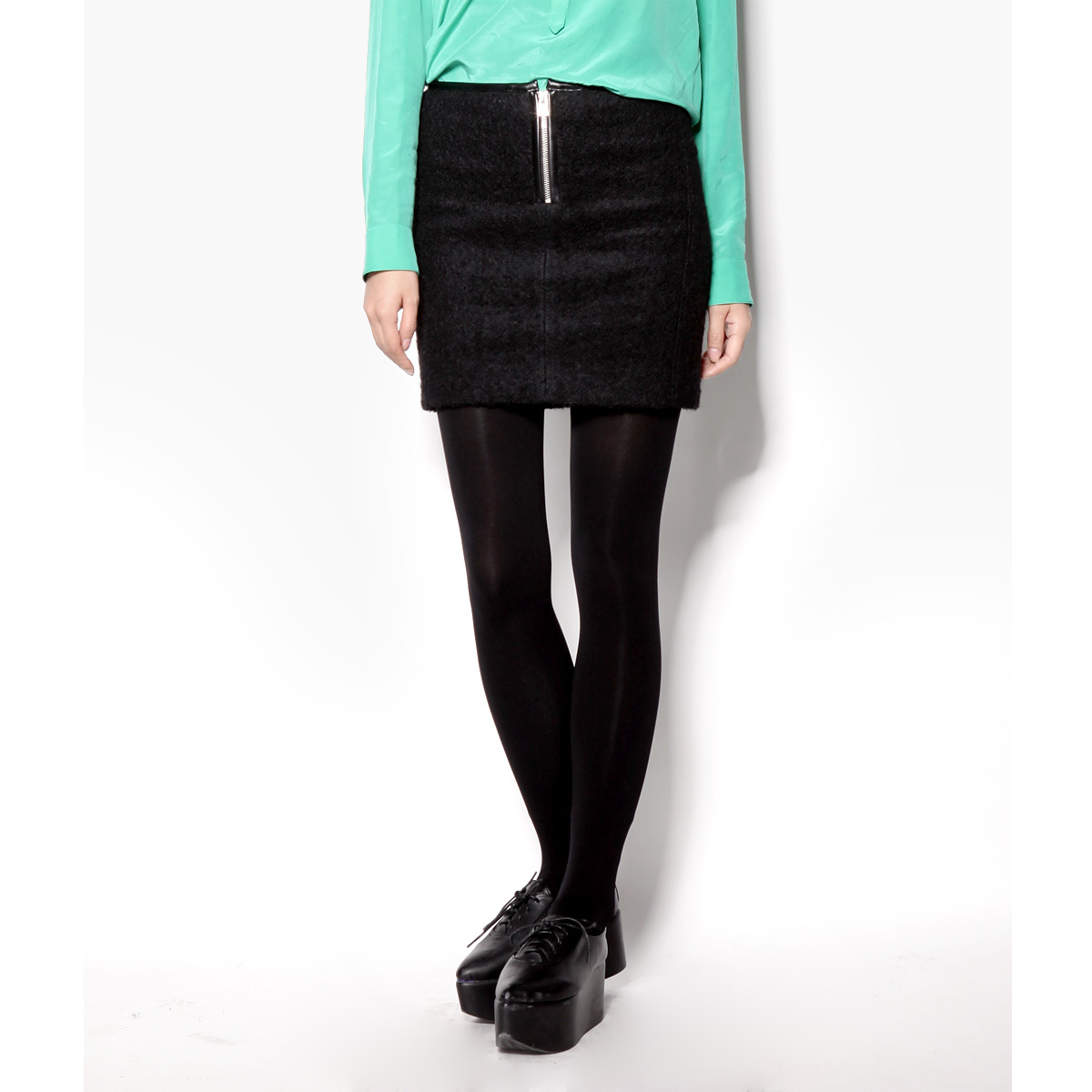 Fashion sexy slim hip short skirt winter black woolen short skirt leather bordered wool circle it high waist skirt