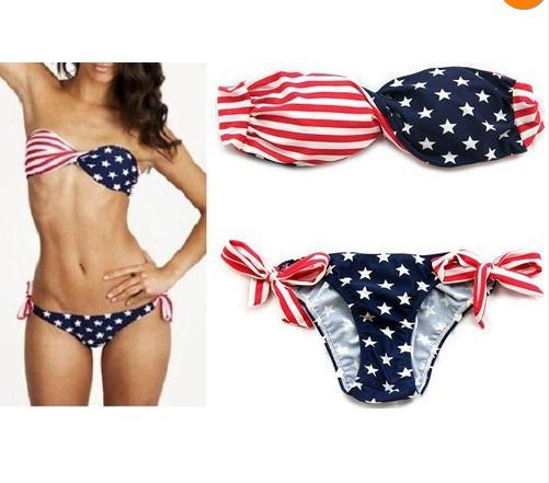 Fashion Sexy Stars And Stripes Halter Padded Twisted Bandeau Tube Bikini USA American Flag Style Size S M L Free Shippng