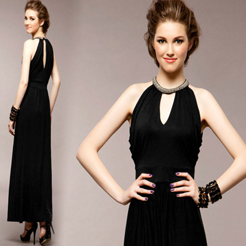 Fashion sexy strapless cutout elegant black long design dinner party formal dress full dress one-piece dress