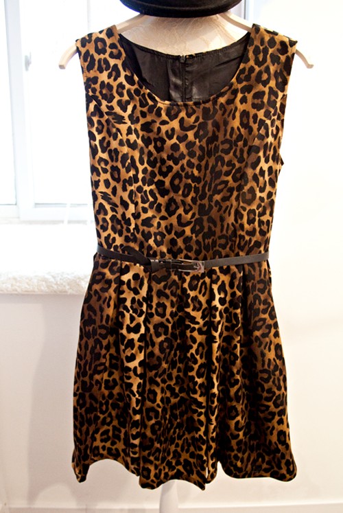 Fashion sexy suede leather deerskin slim waist belt strap leopard print basic sleeveless one-piece dress