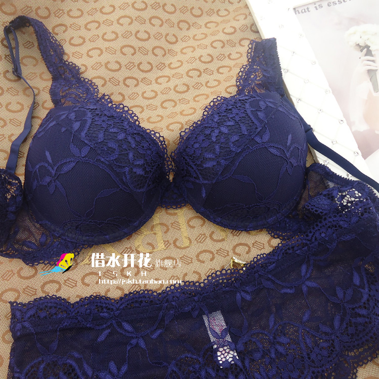 Fashion sexy translucent lace navy blue thin thick underwear bra set