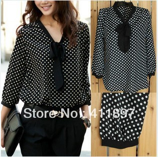 Fashion Sexy Women's Clothing 3/4 Sleeve polka dot Print Top T-Shirt Blouse Chiffon New 2013 Free Shipping On promotion