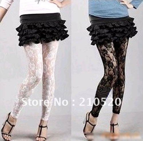 Fashion Sexy Women's Lace Rose Footless Stretch Leggings Slim Tights Ladies Stockings White/Black Free Shipping