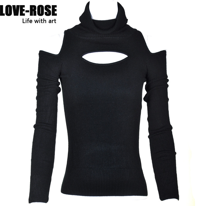 Fashion sexy women strapless short design top cutout slim long-sleeve sweater