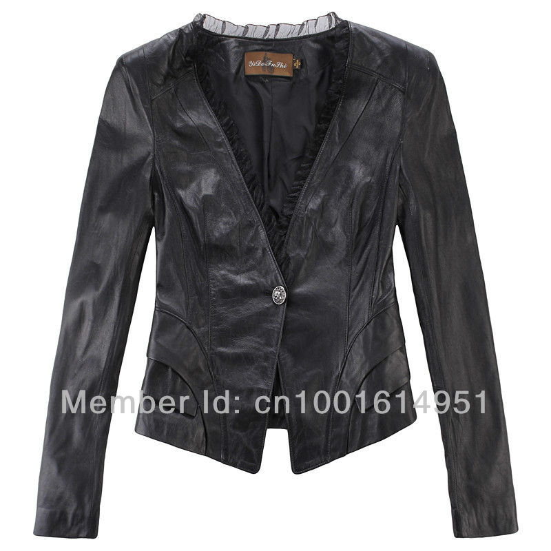 Fashion sheepskin short paragraph Slim V-neck leather ladies,V-Neck,Single Breasted,Ruffles