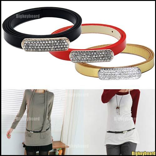 Fashion Shinny Crystal Rhinestone Buckle Pu Leather Belt for women black/red/gold/white colors