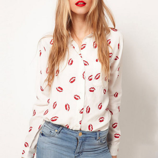 fashion shirt sexy red lip kiss print shirt long sleeve blouse free shipping