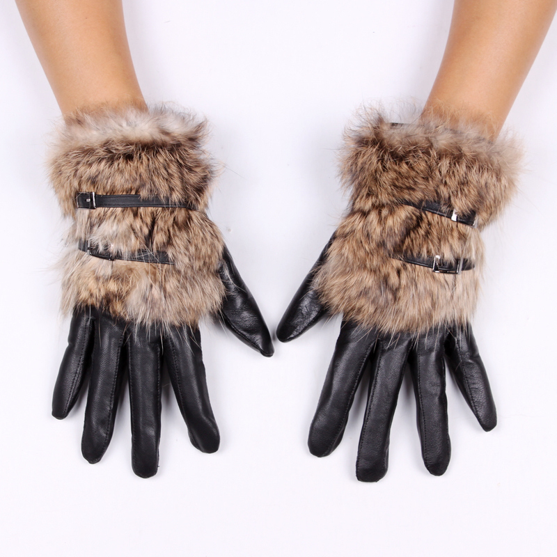 Fashion short design women's sheepskin genuine leather gloves winter thickening thermal rabbit fur gloves