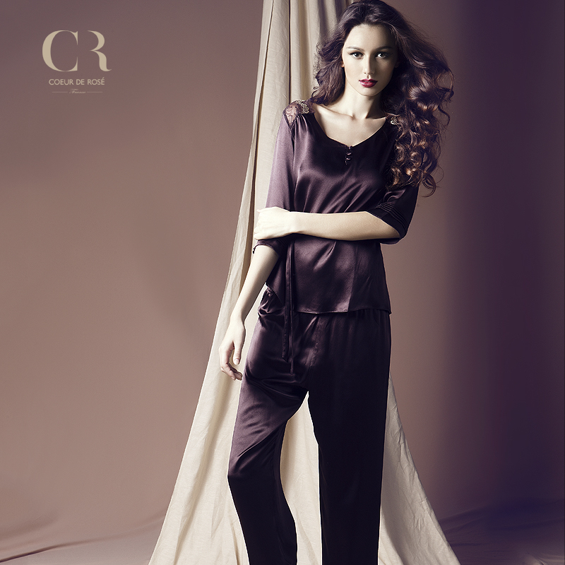 Fashion silk twinset female autumn sleepwear lounge cr-rose-153614