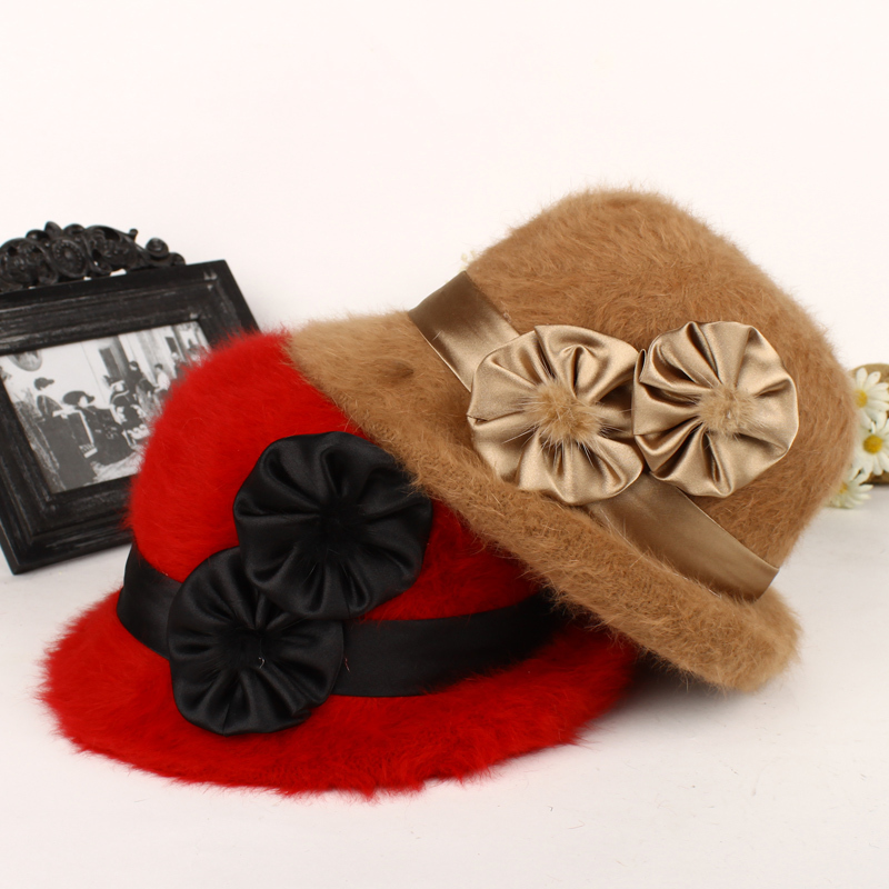 Fashion silks and satins rose rabbit fur dome fedoras winter ladies elegant rabbit fur hat female