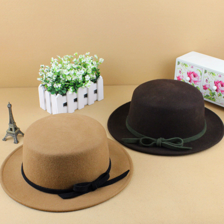 Fashion single fashion vintage bow pure woolen flat fedoras quality large brim hat
