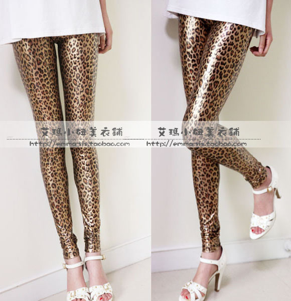 Fashion single star style bsk leopard print decorative pattern faux leather trousers legging pants low-waist high waist 2 female