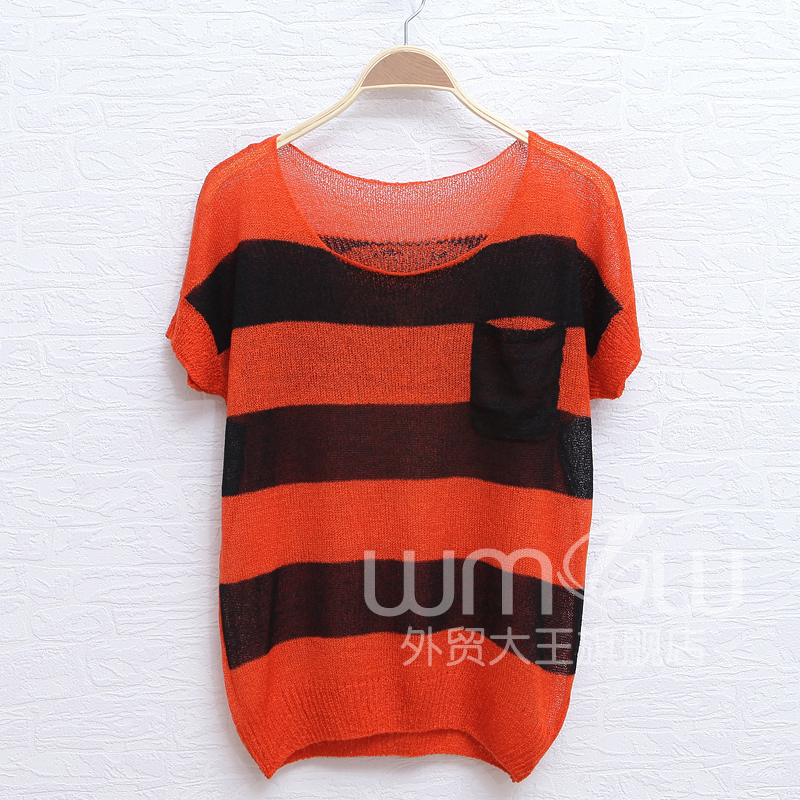 Fashion skull print stripe o-neck sleeveless perspectivity cutout sweater wx906