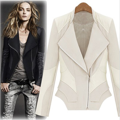 Fashion slanting lapel tencel cotton patchwork slim leather jacket leather clothing