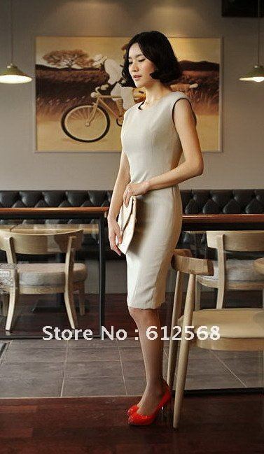 Fashion Sleeveless Office Ladies Commute Work Business Dresses, Black Beige Custom made O-neck Pencil Dress MR005