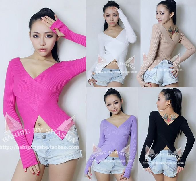 Fashion slim all-match before and after two ways cross low-cut racerback knitted top 5