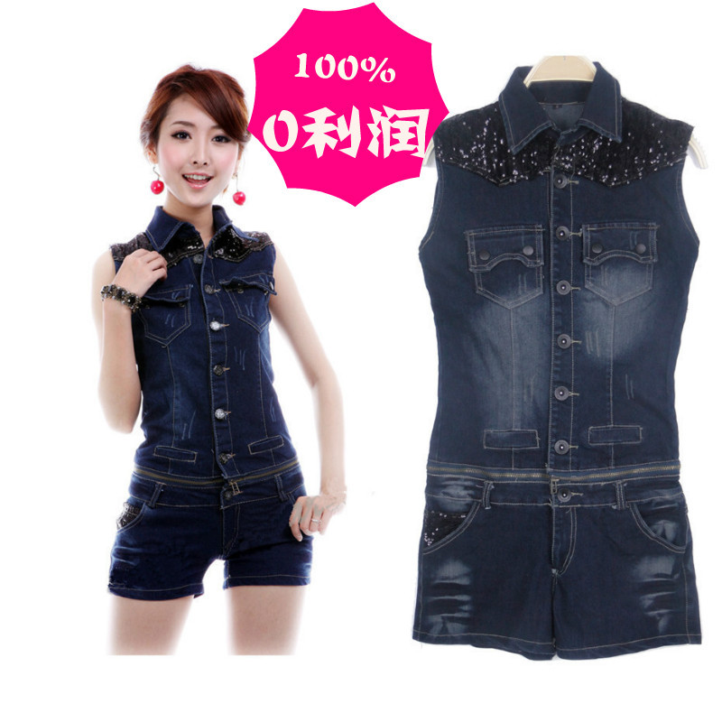 Fashion slim disassembly blue denim jumpsuit one-piece shorts women's denim rompers