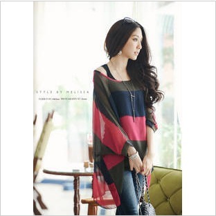 Fashion slim multicolour stripe chiffon shirt tank twinset top